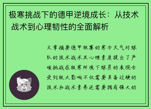 极寒挑战下的德甲逆境成长：从技术 战术到心理韧性的全面解析