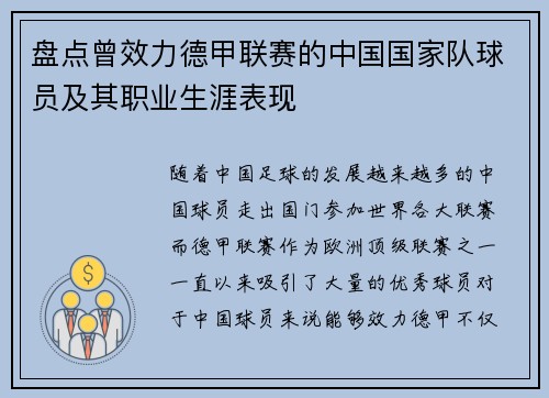 盘点曾效力德甲联赛的中国国家队球员及其职业生涯表现