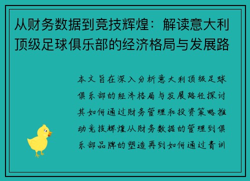 从财务数据到竞技辉煌：解读意大利顶级足球俱乐部的经济格局与发展路径