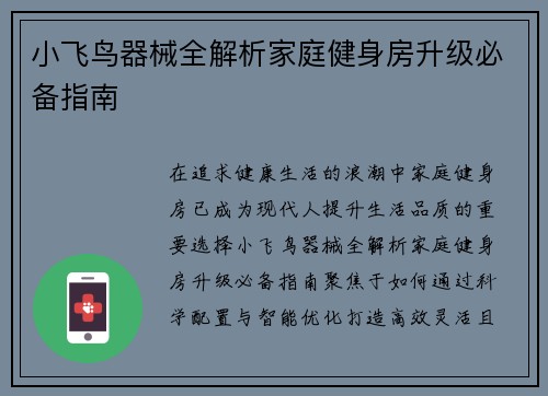 小飞鸟器械全解析家庭健身房升级必备指南
