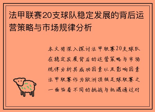 法甲联赛20支球队稳定发展的背后运营策略与市场规律分析