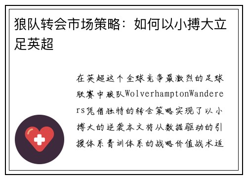 狼队转会市场策略：如何以小搏大立足英超